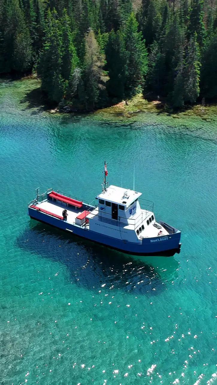 A classic-style tugboat floating on crystal-clear, blue water near the shoreline with green coniferous trees.